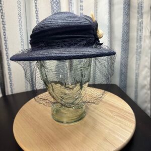 Vintage Elegant Navy Blue Women's Hat with Veil